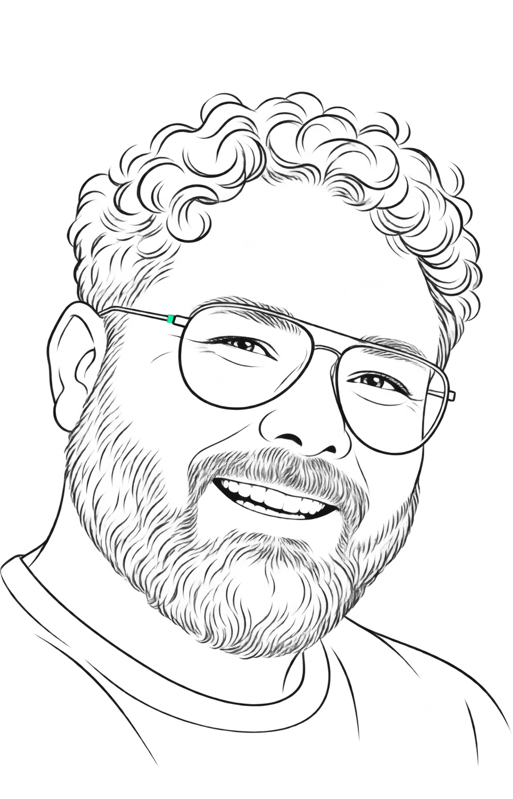 Stilisierte Zeichnung von Mark mit lockigem Haar, Brille und Bart